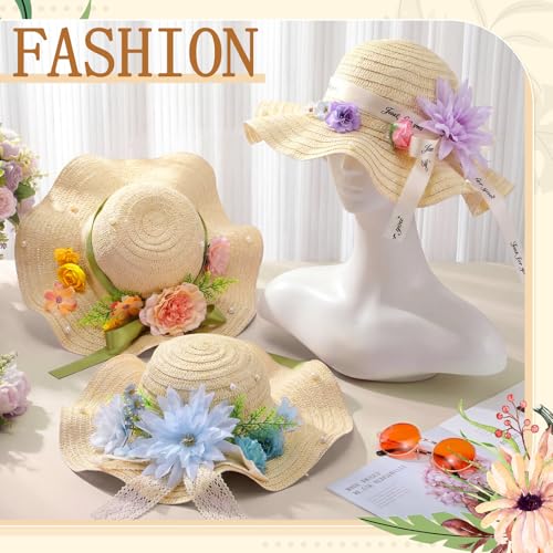 6 Sets DIY Tea Party Straw Hats Kit DIY Straw Hat for Women Blank Sun Hats - style: Vivid Flower