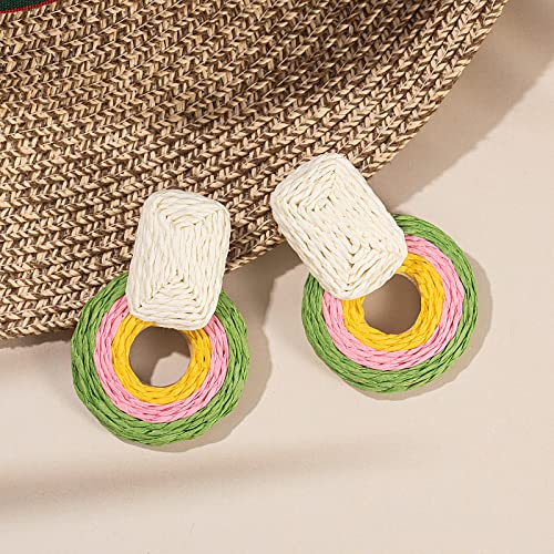 Statement Raffia Earrings Cute Boho Earrings Rattan Dangle Earrings Handmade Straw Wrap Earrings Summer Drop Dangling Earrings for Women Teen Girls - color: Green/Pink/Yellow