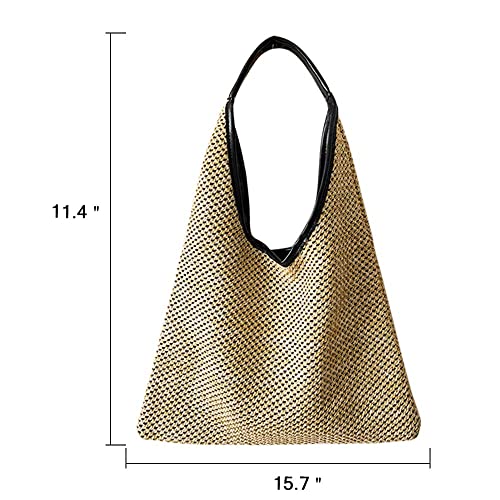Hand-woven Straw Shoulder Bag Boho Black Leather Top Handle Tote Retro Summer Beach Bag Holiday Travel Handbag - color: Khaki