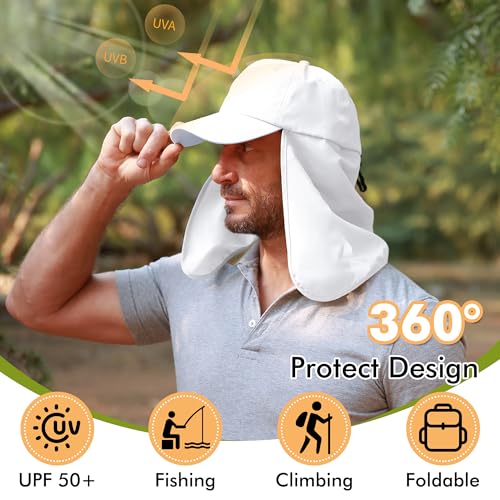 Tirrinia Wide Brim Sun Hat with Neck Flap for Men & Women, Breathable Hiking Fishing Safari Hat, Outdoor UV Protection Cap - color: White