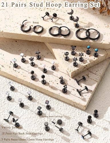 LOLIAS 21Pairs Surgical Steel Flat Back Earrings Hypoallergenic 20G Screw Back Nap Stack Cartilage Earring Stacks - color: Black-plated