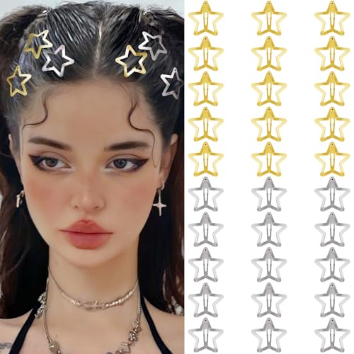 Star Hair Clips 2000s Y2K Snap Hair Barrettes Non Slip Star Hair Accessories Gold Silver Metal Hair Clips for Girls Women -30 PCS 1.18" - color: 30 P -1.18"-gold,silver