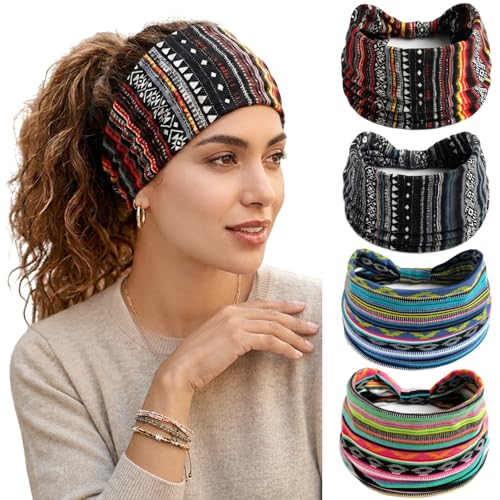 Wide Headbands for Women Non Slip Stylish Knotted Headhand Bandana Boho Head Bands African Head Wraps Yoga Workout Hair Accessories 4 Pack - color: 4 Pack Wide Headbands Style 11