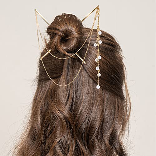 WEBBEDY 2-Style Chinese Double Chain Hair Chopsticks Vintage Tassel Hair Sticks Hanfu Chignon Hairpins Hair Accessories for Long Hair