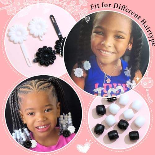 60PCS Black&White Braids Beads Cute Pony Beads for Hair Dreadlock Flower Self Hinge Hair Barrettes Loc Jewelry Accessories Plastic Hair Pins for Kids Girls - color: Black&White