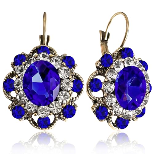 Handmade Bohemian Vintage Gold Sparkly Crystal Round Flower Leverback Earrings Cute Rhinestone Geometry Dangle Drop Earring for Women - color: Royal Blue