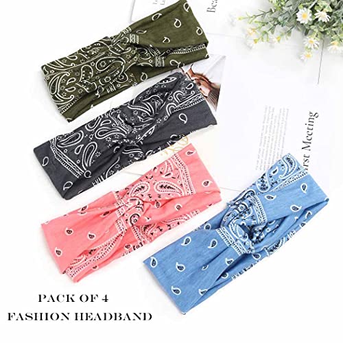 Urieo Boho Bandanas Headband Knotted Hair Bands Paisley Head Turban Sport Yoga for Women (Pack of 4) (C)
