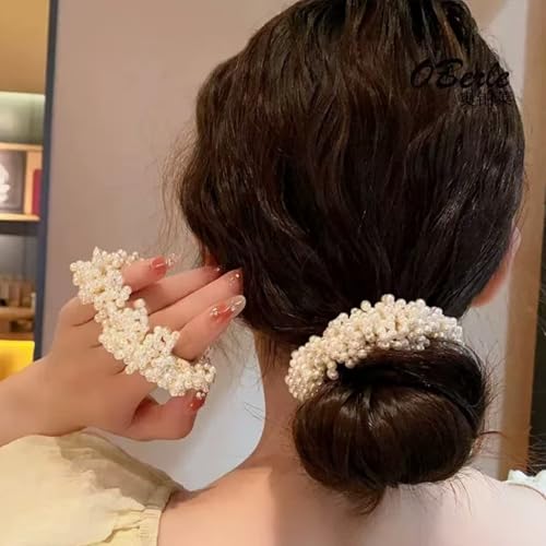 Pearl Hair Scrunchies, Elastic Hair Ties, Beaded Ponytail Holders for Women, Cream White, 2 Pack