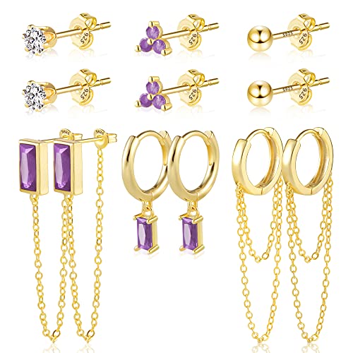 BOUTIQUELOVIN 14K Gold Stud Earrings Set for Women, for Multiple Piercing Silver Plated Studs Earrings and Zirconia Earring Set Small Huggie Hoop Chain Earing - color: 6Pairs Purple