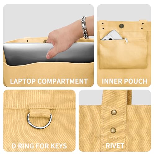 HOMESPON Large Canvas Tote Bag for Women Everything Bag with Pockets and Laptop Sleeve - color: Yellow