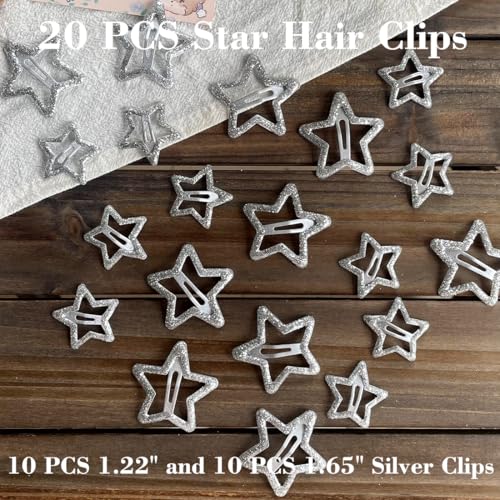 20 PCS Sparkling 1.22" and 1.65"Star Hair Clips Snap Hair Accessories Non Slip Clips for Girls Women Y2K Accessories Silver Metal Hair Clip Hair Barrettes - color: Glitter Silver 1.22" 1.65"（20PCS)