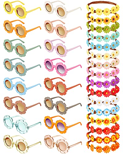 CHENGU Retro Flower Sunglasses Daisy Flower Headbands Costume Accessories Set Groovy 60s 70s Hippie Boho Party Favor, Festival Beach Birthday Decorations(32 Pieces,Bright Style) - style: Bright Style