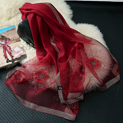 WINCESS YU Women Mulberry Silk Scarf Long & Large Embroidered Floral Pattern Shawl and Wraps Neckerchief for Hair & Neck - color: Sunflower Wine Red