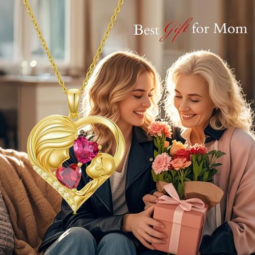 Mothers Day Gifts 14K Yellow Gold Mother Daughter Heart Pendant Necklace with 12 Months Birthstone Birthday Gifts for Mom Anniversarry Jewelry for Mom Wife Girlfriend - color: 01-07-Jan-Jul Birthstone
