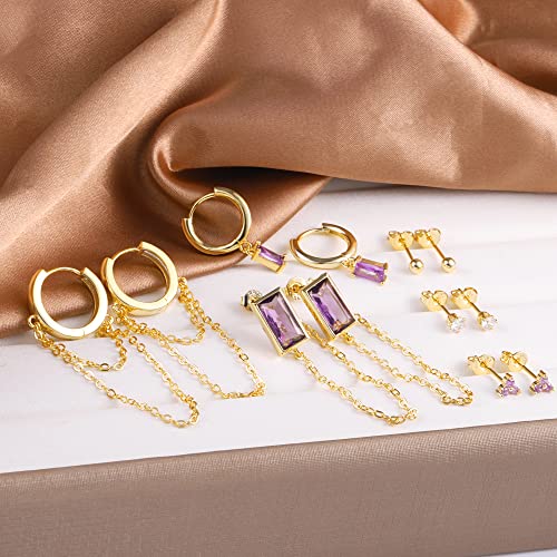 BOUTIQUELOVIN 14K Gold Stud Earrings Set for Women, for Multiple Piercing Silver Plated Studs Earrings and Zirconia Earring Set Small Huggie Hoop Chain Earing - color: 6Pairs Purple