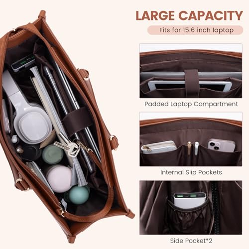LOVEVOOK Laptop Bag for Women 15.6 lnch,Waterproof Laptops Tote Bags for Womens,Professional Work Bags for Women with Cup Holder,Large Laptop Purse Computer Briefcase Office Teacher Clutch Bag,2 PCS - color: Yellowish Brown(leather), size: 15.6 Inch