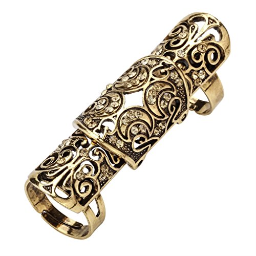 Szxc Jewelry Women's Crystal Double Full Finger Armor Knuckle Ring Adjustable - color: antique gold
