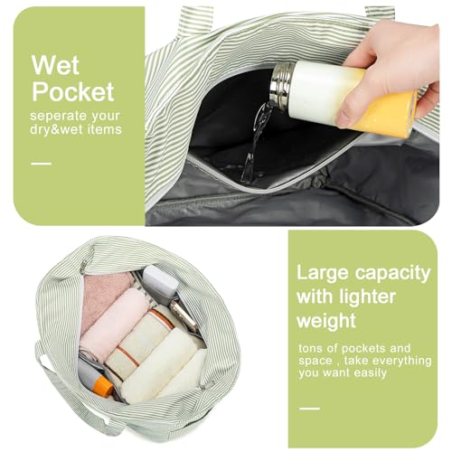 Bluboon Waterproof Beach Tote Pool Bags for Women Ladies Extra Large Carry On Bag With Wet Compartment for Weekender Travel - color: Grass Green White Grid Stripes