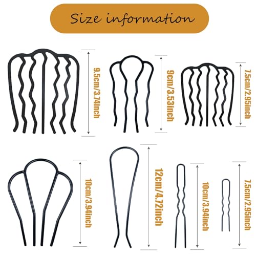 12 Pieces Hair Side Combs Metal Hair Fork Clip French Twist Comb Updo Hair Stick, U-Shape Teeth Styling Tools Messy Bun Maker Vintage Hairstyle Hair Pins Hair Accessories for Women and Girls - color: Black