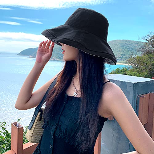 HUAMULAN Women Summer Sun Hat Wide Brim Wired Edge Floral Beach Bucket Hats Reversible Foldable Travel UV Protection Lady Hat - color: M2246-black