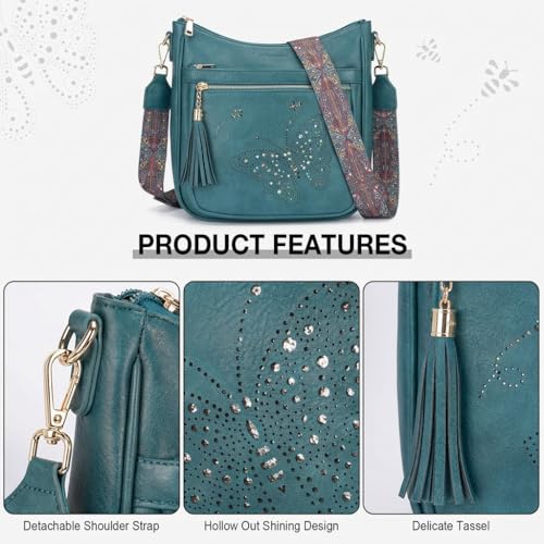 KITEVIUN Medium Crossbody Bags for Women Trendy, Women's Butterfly Shoulder Handbags with Tassel - color: 02-peacock Blue