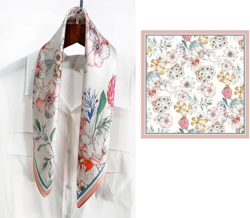 FONYVE 100% Mulberry Silk Scarfs for Women-Lightweight Square Satin Head Scarf-Small Silk Hair Scarf for Sleeping 21"x21" - color: 20 Pink Flower