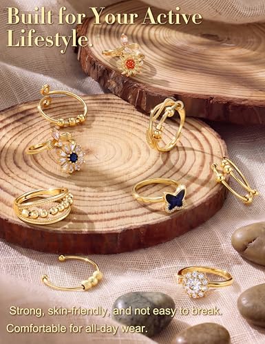 sailimue Anxiety Ring Fidget Ring for Women Men Spinner Fidget Rings for Anti Anxiety Adjustable Open CZ Flower Bead Stress Relieving Spinning Rotatable Rings 9 Pcs - color: Gold