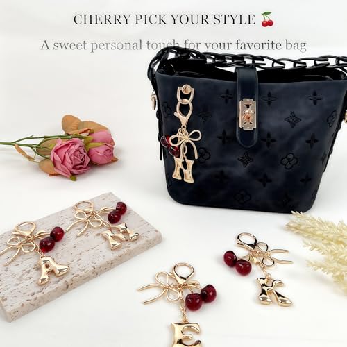 Cute Initial Cherry, Bow, Heart & More Styles - Personalized Keychain Bag Charms & Purse Accessories for Handbags - color: Red Cherry, style: N