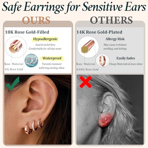 Poxtex Small Sterling Silver Huggie Hoop Earrings Set for Women, Hypoallergenic 14K Gold Plated Hoops Stacks for Multiple Piercings, Dainty Cute Mini Lightweight Cartilage Studs Trendy Jewelry Gift - color: Rose Gold-moon hoop