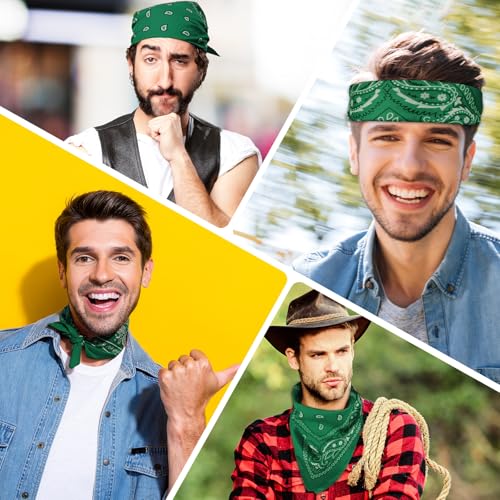 PLULON Bandanas for Men Women 4/12/24/30 Pack, Paisley Pattern Bandana Bulk Headbands Handkerchief Face Mask 100% Polyester - color: Green
