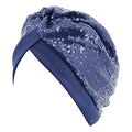 Erinaco Women Sparkle Sequin African Turban Bow Knot Pre-Tied Cap Pleated Ruffle Bonnet Beanie Hat Headwrap Skull Caps - color: Sparkle Navy Blue