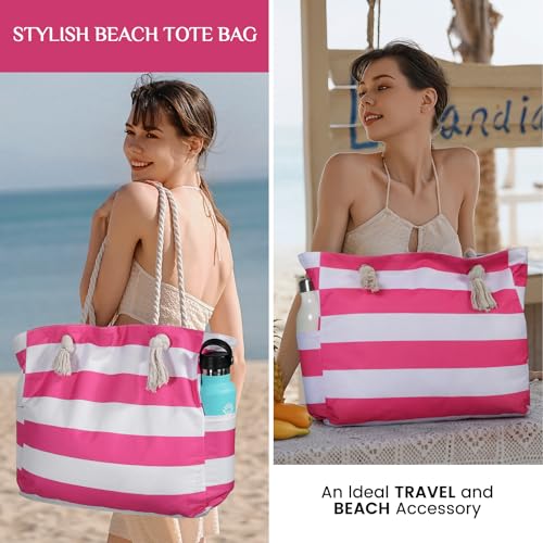 Clothirily Beach Bag for Women - Large Beach Tote Bag, Waterproof Sandproof Beach Bag with Zipper, Large Swim Pool Beach Tote - color: Hot Pink