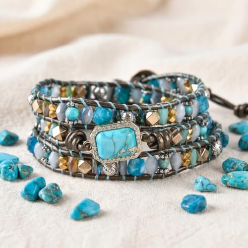 YGLINE Boho Handmade Wrap Leather Tube Crystal Stone Bracelet for Women - color: 3 wrap-blue