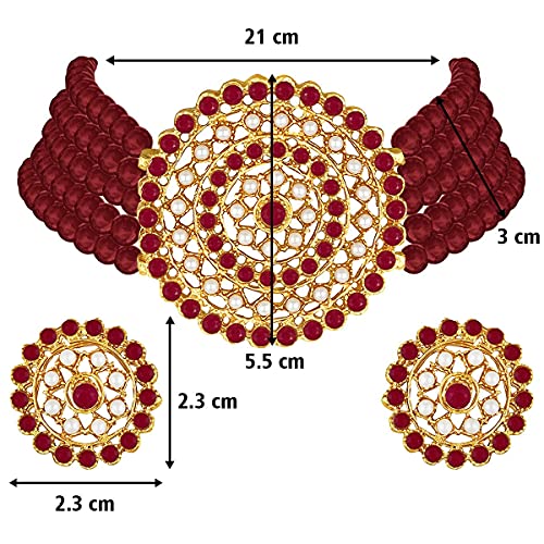 Aheli Pearl Diamond Choker Necklace & Round Earrings Gift for Women Indian Traditional Bollywood Fashion Bharatanatyam jewellery set - color: Red