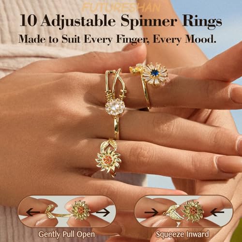 10Pcs Fidget Anxiety Rings for Women Adjustable Spinner Ring Gifts for People With Anxiety Moon Sun Butterfly Galaxy Daisy Flower CZ Stress Relief Calm Rings Jewelry 14K Gold/Silver/Rose Gold Plated - color: 14K Gold Plated