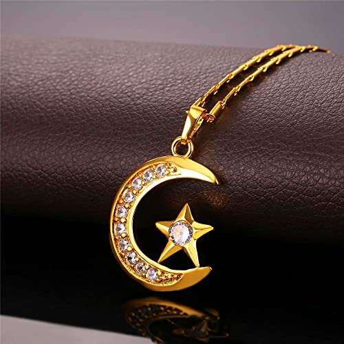 U7 Allah Necklace for Women/Men, 18K Gold Plated Square/Oval/Coin/Heart/Crescent Moon Islamic Pendant Necklace Muslim Jewelry with Chain - color: 01.Crescent Moon gold