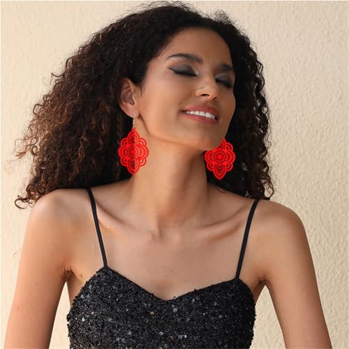 Bohemian Wood Earrings Natural Retro Lightweight Hollow Pattern Geometric Wooden Dangle Drop Earrings Statement Vintage Jewelry - color: Red
