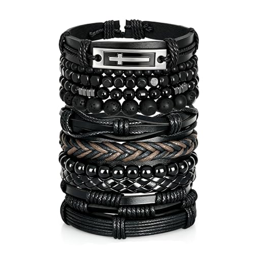 Punk Braided Leather Bracelets for Men Women Gothic Wood Beaded Tribal Wrap Wristband Grunge Emo Multilayer Adjustable Mens Bracelet in Black Brown Fathers Day Gift - color: Black Cross
