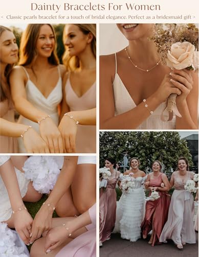 Dainty Silver Gold Bracelets for Women Trendy Non Tarnish 14K Gold Plated Cute Clover Bracelet Stackable Daisy Cubic Zirconia Diamond Charm Bracelet Stack Waterproof Jewelry Gifts - color: F- Pearl Bracelet- Gold