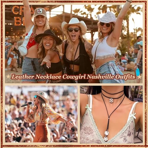 Boho Outfits for Women Boho Necklaces Country Concert Outfits Nashville Western Jewelry Choker Necklaces Long Leather Necklace Western Dress Jewelry Country Cowgirl Accessories Gifts - color: A：Black Choker Necklace