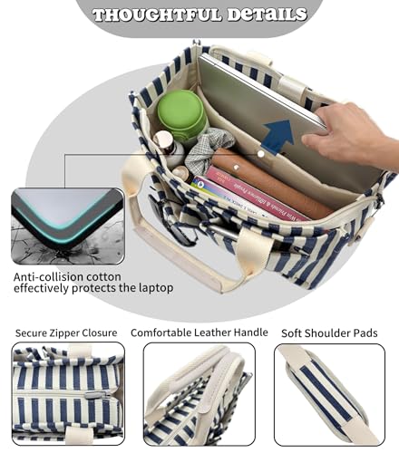 Large Canvas Tote Bag for Women Work Tote Bags with Pockets Laptop Crossbody Purses Everyday Bag Handbags for Travel - color: New Upgrade Plus Blue Stripe