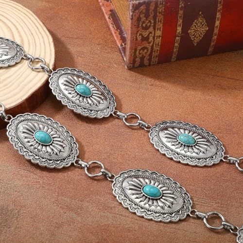 XZQTIVE Women Boho Chain Belts For Dresses Jeans Western Cowgirl Waist Links Belt Adjustable Metal Concho Belt - size: Fit Waist upto 36inches, style: Matte Turquoise Silver