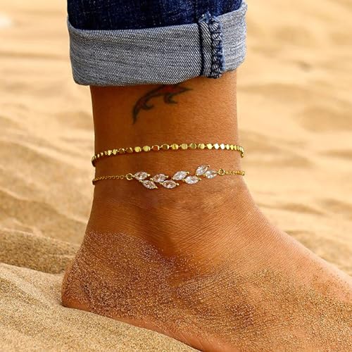 MIDEEO Gold/Silver Ankle Bracelets for Women,14K Gold Anklets for Women Waterproof Cuban Link Heart Beads Herringbone Rhinestone Anklets Set Layered Anklet Bracelets for Women Gold Jewelry Gift - style: 2Pcs Anklets A-Gold