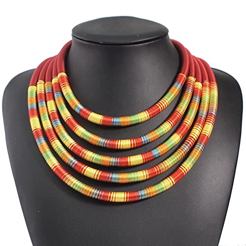 COLORFUL BLING Handwoven African Tribal Multilayer Chunky Statement Necklace Egypt Bib Collar Choker Costume Party Jewelry Accessories for Women - color: mix red
