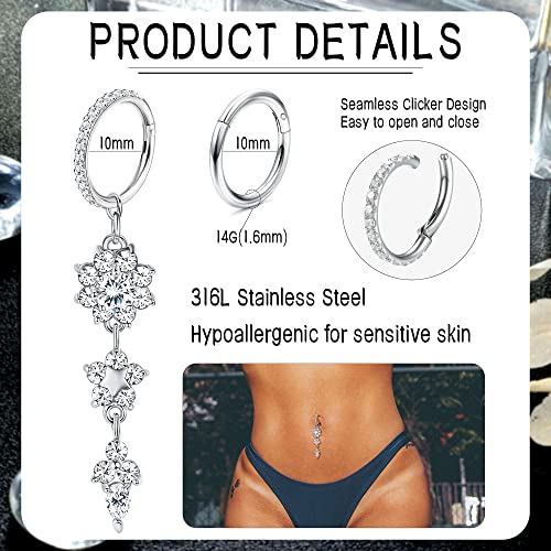 THUNARAZ 2Pcs Belly Button Rings for Women Surgical Stainless Steel Clicker Belly Rings Hoop CZ Heart Butterfly Dangle Navel Rings Belly Piercing Jewelry Silver Tone 14G - color: Silver Tone-Dangle