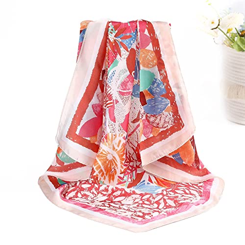 AWAYTR 27.5” Silk Satin Square Head Scarf - 4PCS Satin Head Scarves for Women Hair Kerchief Bandanas Sleeping Head Wraps - color: Flowering Leaves (Beige/Orange/Navy/Red)