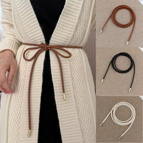 Womens Faux PU Leather Bead Rope Skinny Tie Belts for Skirt Dresses Jeans Pants Thin Dress Waist Belt - color: B Black