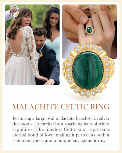 AIBAO 4-12 Ct Large Oval Engagement Rings for Women Natural Turquoise/Lapis Lazuli/Malachite Celtic/Infinity/Love Knot Halo Ring Size 6 to 10 Anniversary Christmas Valentines Gift - style: 12.1 Ct Malachite & Created White Sapphire