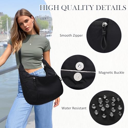 VASCHY Crossbody Crescent Bag for Women, Casual Lightweight Nylon Large Slouchy Hobo Bags Purses for Travel/Gym/Work/College - color: Black
