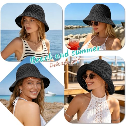 Sun Hat for Women Beach Hat Straw Bucket Hat Summer UV Protection, Packable Breathable Crochet Style - color: 1pack-black